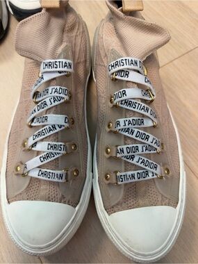 Dior Beige Knit High-Top Sneakers with White J'Adior Ribbon Laces